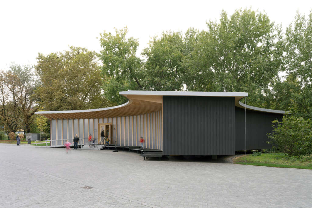 Sauerbruch Hutton design modular timber pavilion presenting an exhibition on AI