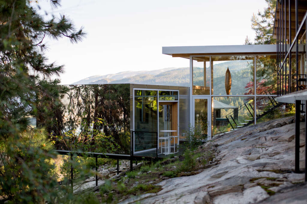 This stainless steel gallery hovers over steep bedrock in British Columbia