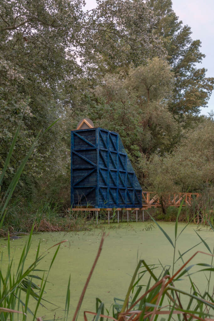 Paradigma Ariadné design series of blue pavilions in boglands outside Budapest