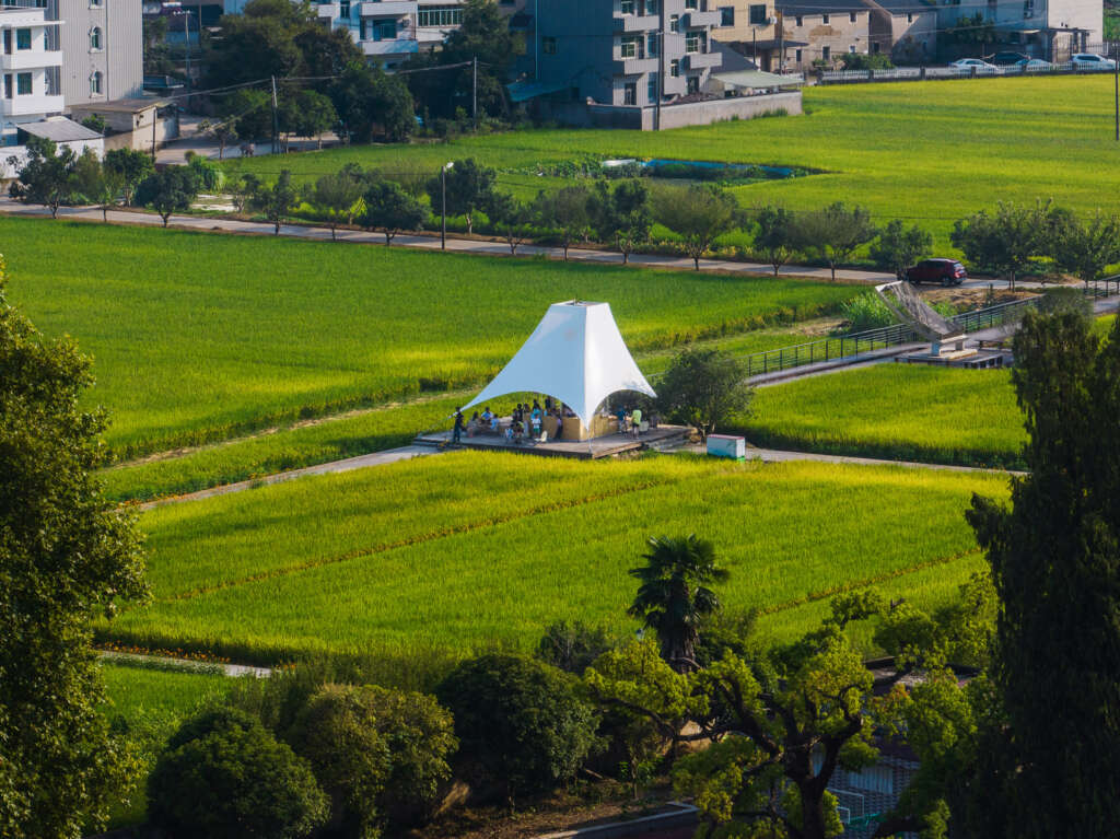 Jumping House Lab design tower pavilion in a paddy field
