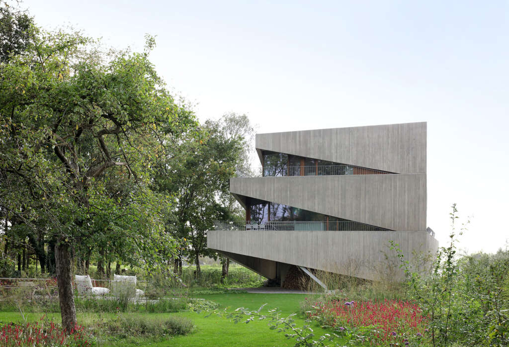 House N-DP features asymmetrical concrete canopies that respond to its environment