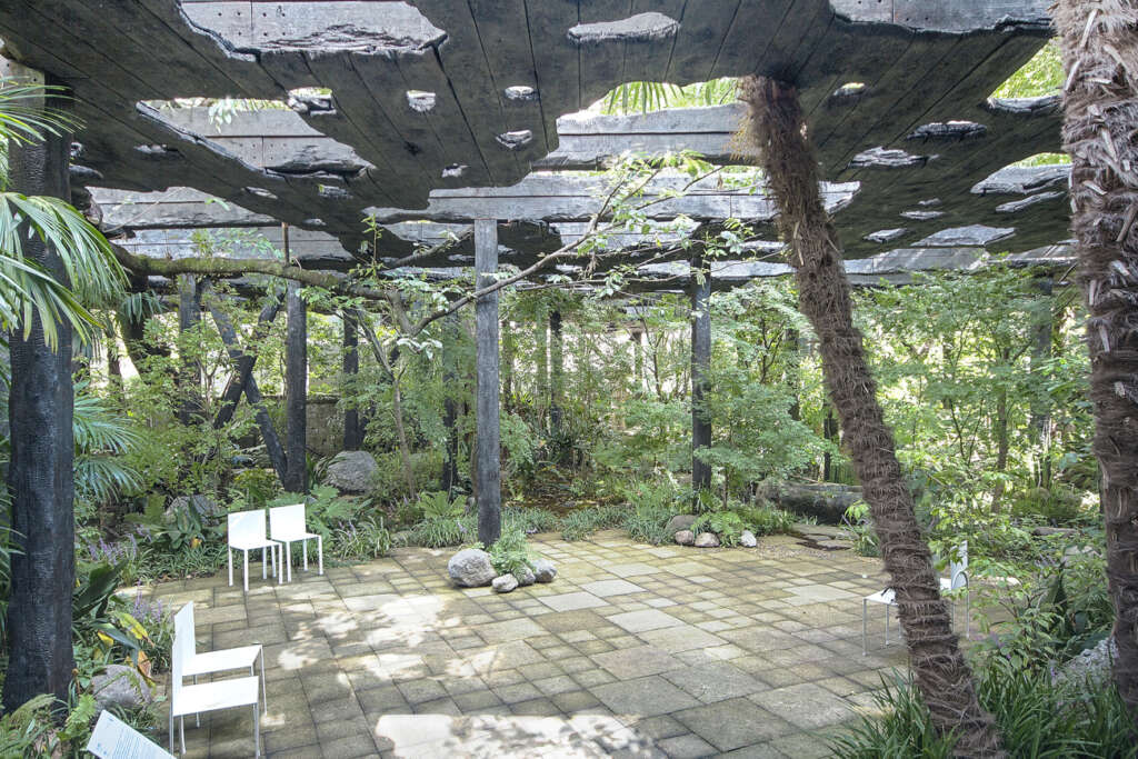 Junya Ishigami + Associates design a charred cedar sunshade in Tokyo