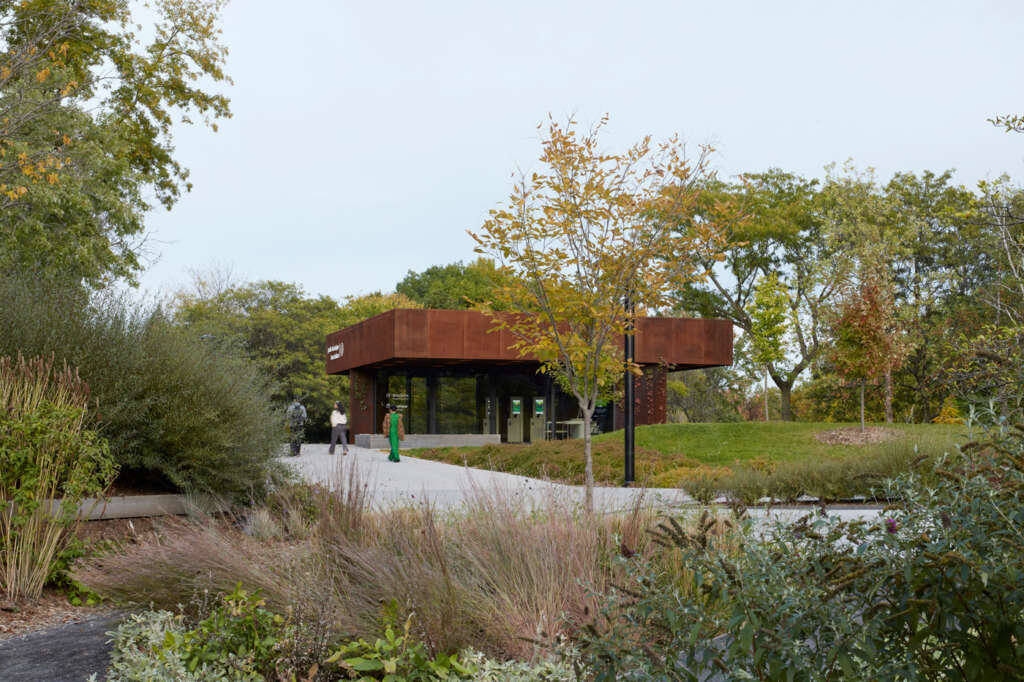 Montreal studio Pelletier de Fontenay design corten entrance pavilion to local botanical garden