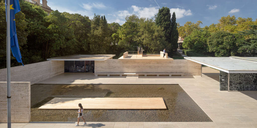 The "Mass is More" installation brings the innovation of mass timber construction to the Mies van der Rohe Pavilion in Barcelona