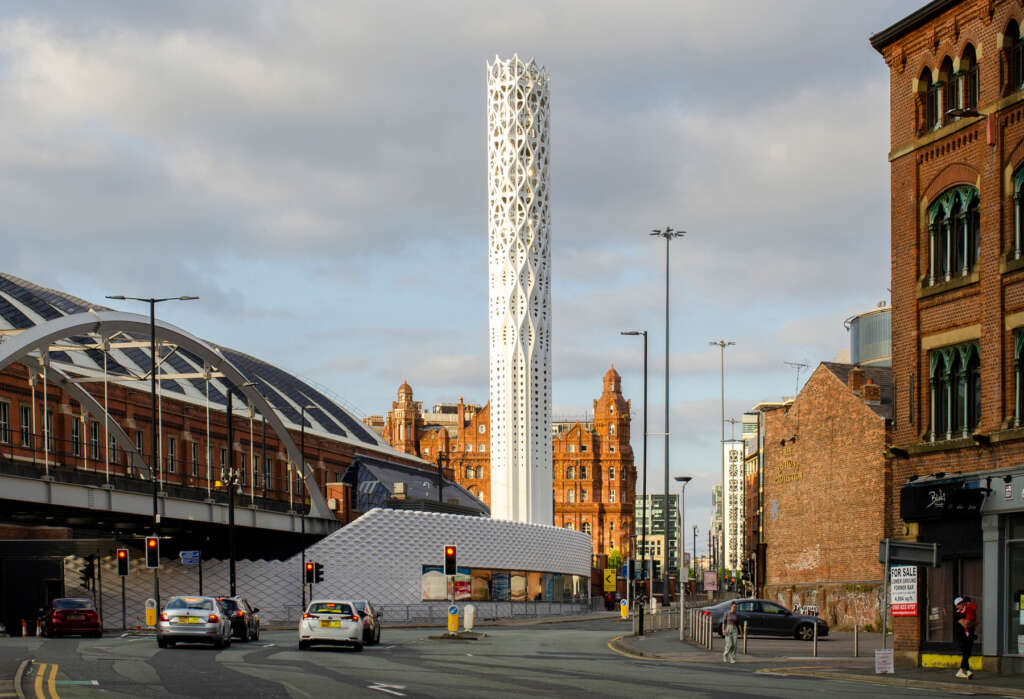 tonkin liu designs biomimetic tower and shell lace structure for low-carbon energy centre in Manchester