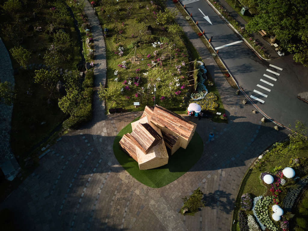 The Boolean Birdhouse features stacked houses made out of Taiwania cypress trees